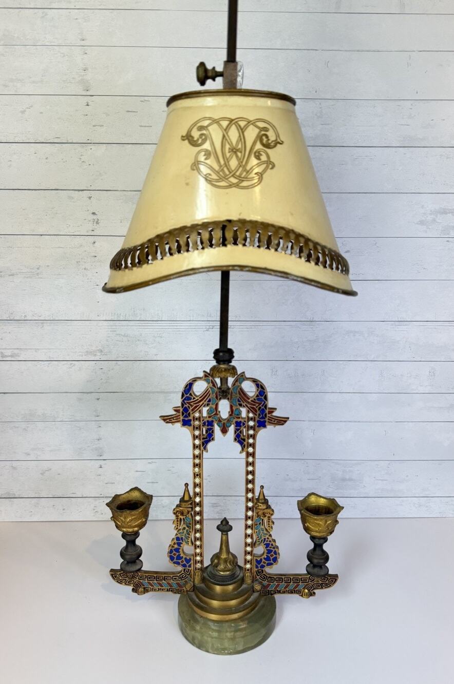 Vintage Egyptian Revival Bouillotte Candle Lamp Enamel Brass Tole Shade